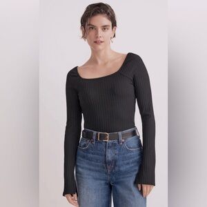 Madewell Ribbed Square Neck Long Sleeve Tee, Black, Large